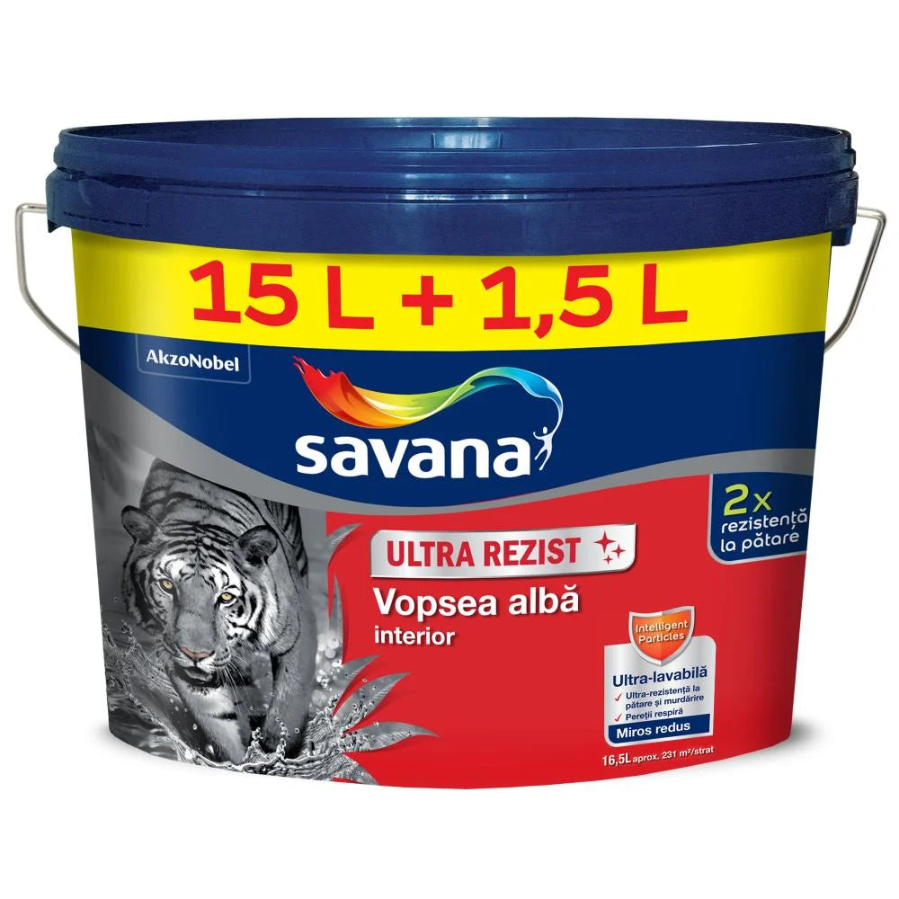 Savana vopsea ultra-lavabila interior, ultrarezistent, alba , 15L + 1,5 L