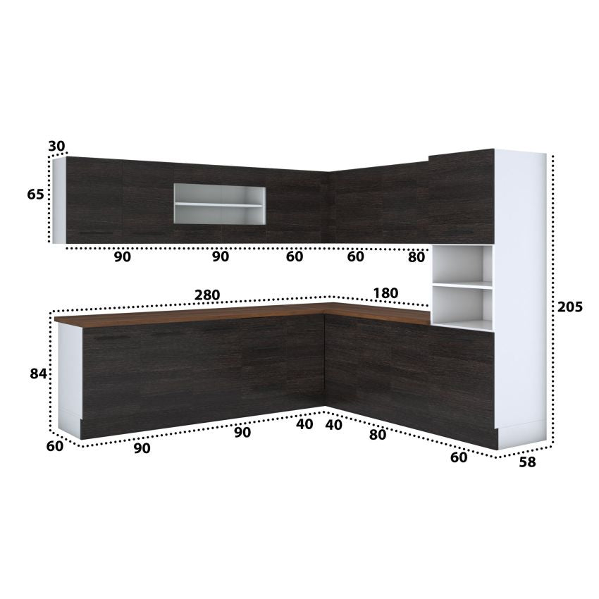 Bucatarie de colt Alfa, Corp inalt cuptor, Cu vitrina, Wenge, Blat termic nuc