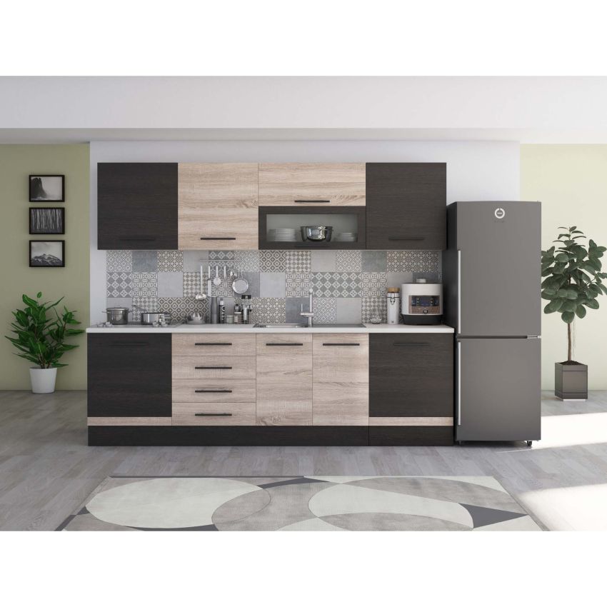 Bucatarie Alfa 260, Cu vitrina, Sonoma/Wenge, Blat termic alb