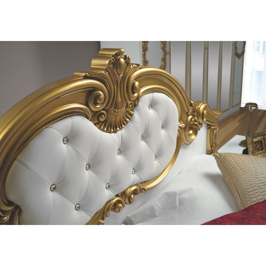 Dormitor Barocco Bianco, alb/auriu, pat 160x200 cm, dulap cu 6 usi, comoda, 2 noptiere