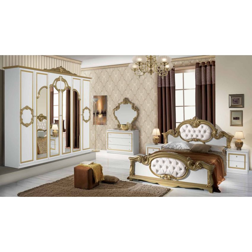 Dormitor Barocco Bianco, alb/auriu, pat 160x200 cm, dulap cu 6 usi, comoda, 2 noptiere