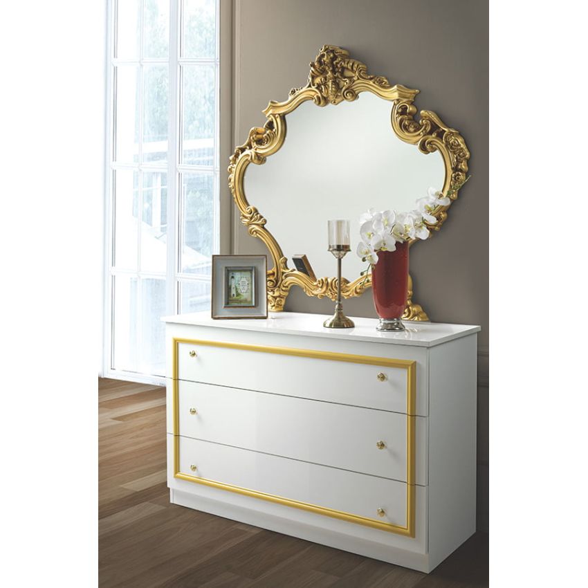 Dormitor Barocco Bianco, alb/auriu, pat 160x200 cm, dulap cu 6 usi, comoda, 2 noptiere