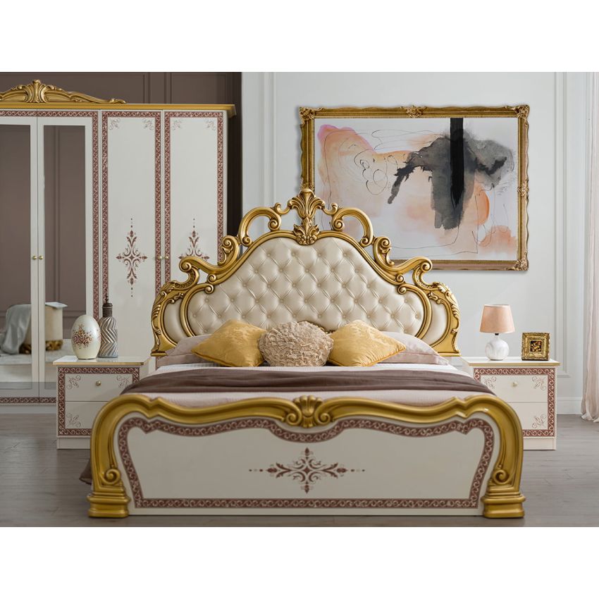 Dormitor grace, crem, pat 160x200 cm, dulap cu 6 usi, 2 noptiere, comoda