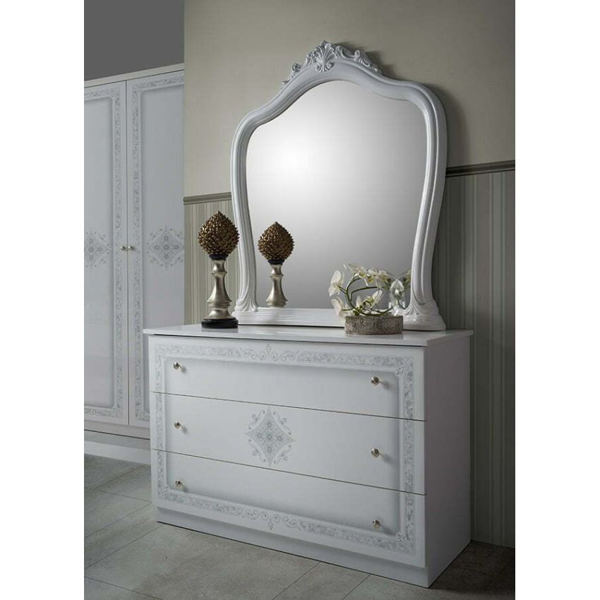 Dormitor Luisa, alb, pat 160x200 cm, dulap cu 6 usi, comoda, 2 noptiere