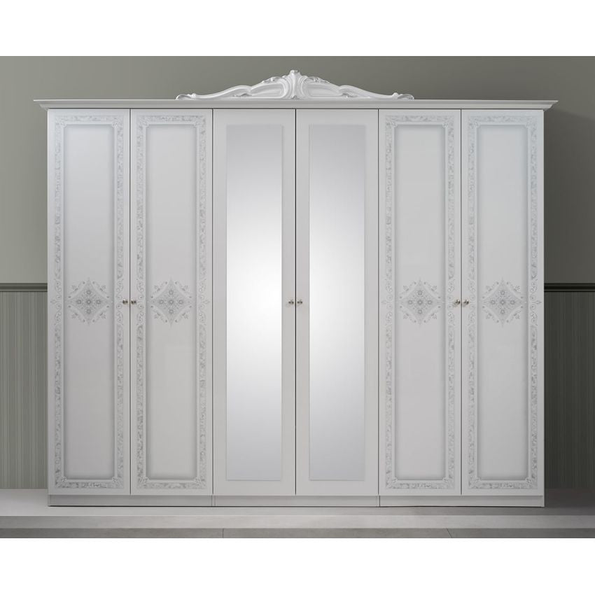 Dormitor Luisa, alb, pat 160x200 cm, dulap cu 6 usi, comoda, 2 noptiere
