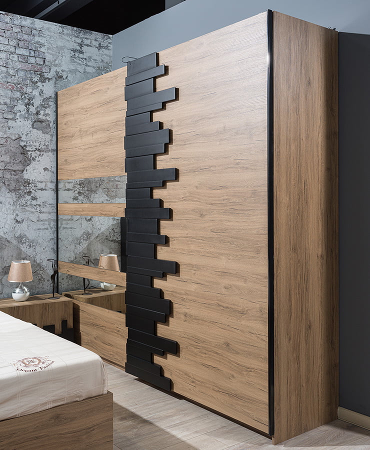 Dormitor Mozart, sonoma/negru, pat 160x200 cm, dulap cu 2 usi culisante, comoda, 2 noptiere