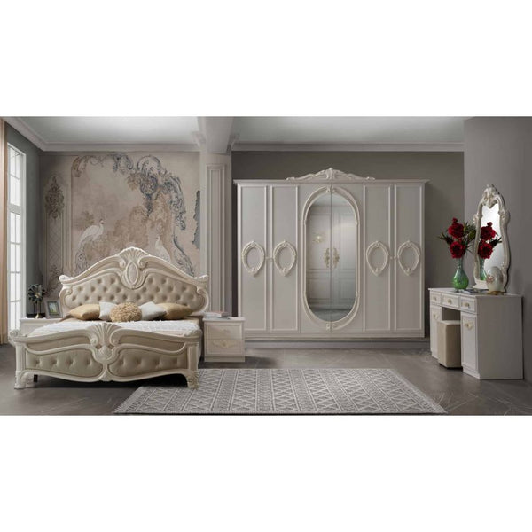 Dormitor Neli, crem, pat 160x200 cm, dulap cu 6 usi, comoda, 2 noptiere