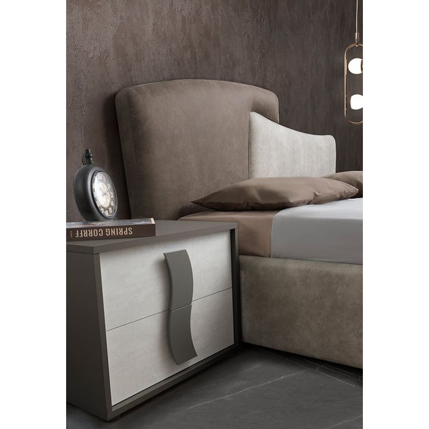 Dormitor Twin, alb/gri, pat 160x200 cm, dulap cu 2 usi culisante, 2 noptiere, comoda
