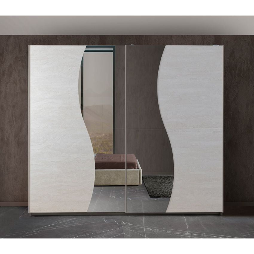 Dormitor Twin, alb/gri, pat 160x200 cm, dulap cu 2 usi culisante, 2 noptiere, comoda