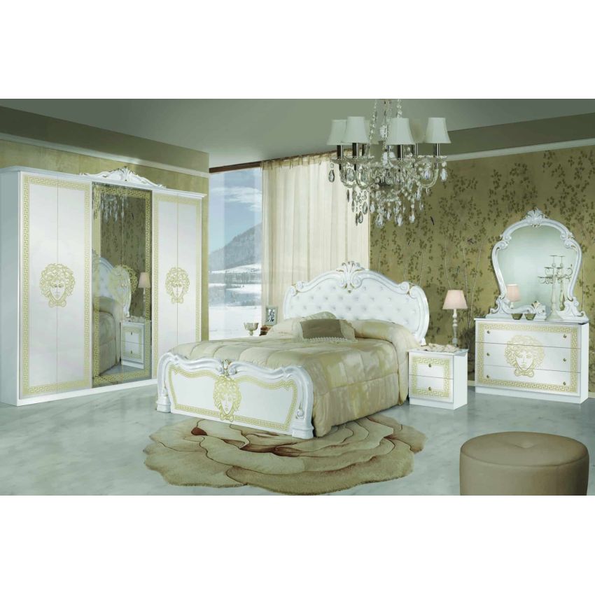 Dormitor Vilma Alb-Auriu, Dulap 261 cm, Pat 160x200 cm, 2 Noptiere, Comoda