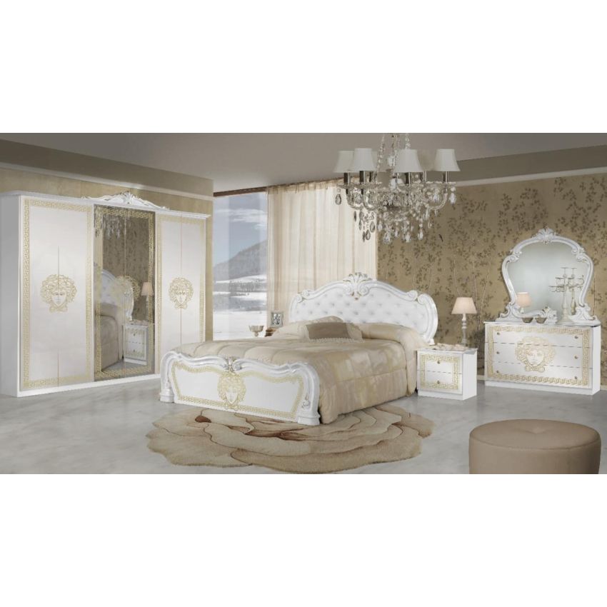 Dormitor Vilma Alb-Auriu, Dulap 261 cm, Pat 160x200 cm, 2 Noptiere, Comoda