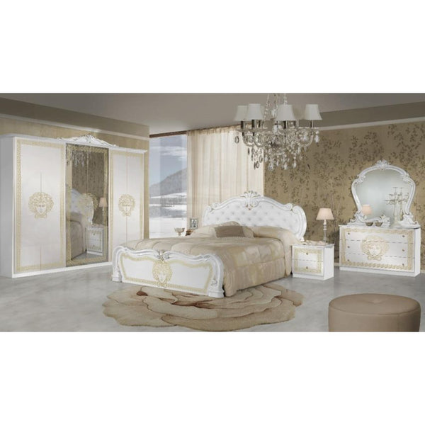 Dormitor Vilma Alb-Auriu, Dulap 261 cm, Pat 160x200 cm, 2 Noptiere, Comoda