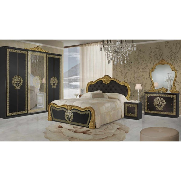 Dormitor Vilma Negru-Auriu, Dulap 261 cm, Pat 160x200 cm, 2 Noptiere, Comoda