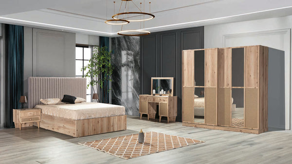 Dormitor Willow, sonoma, pat 160 x 200 cm, dulap cu 2 usi, 2 noptiere, comoda