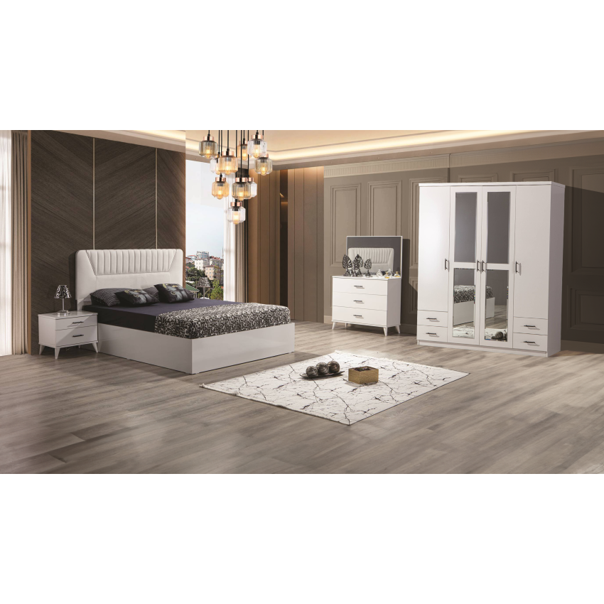 Dormitor Irene, alb, pat 160 x 200 cm, dulap cu 4 usi, 2 noptiere, comoda