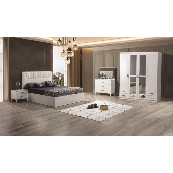 Dormitor Irene, alb, pat 160 x 200 cm, dulap cu 4 usi, 2 noptiere, comoda