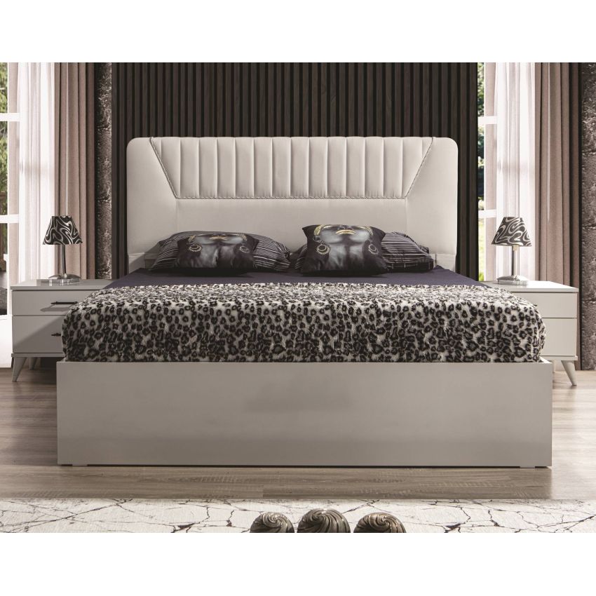 Dormitor Irene, alb, pat 160 x 200 cm, dulap cu 4 usi, 2 noptiere, comoda