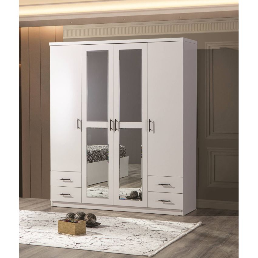 Dormitor Irene, alb, pat 160 x 200 cm, dulap cu 4 usi, 2 noptiere, comoda
