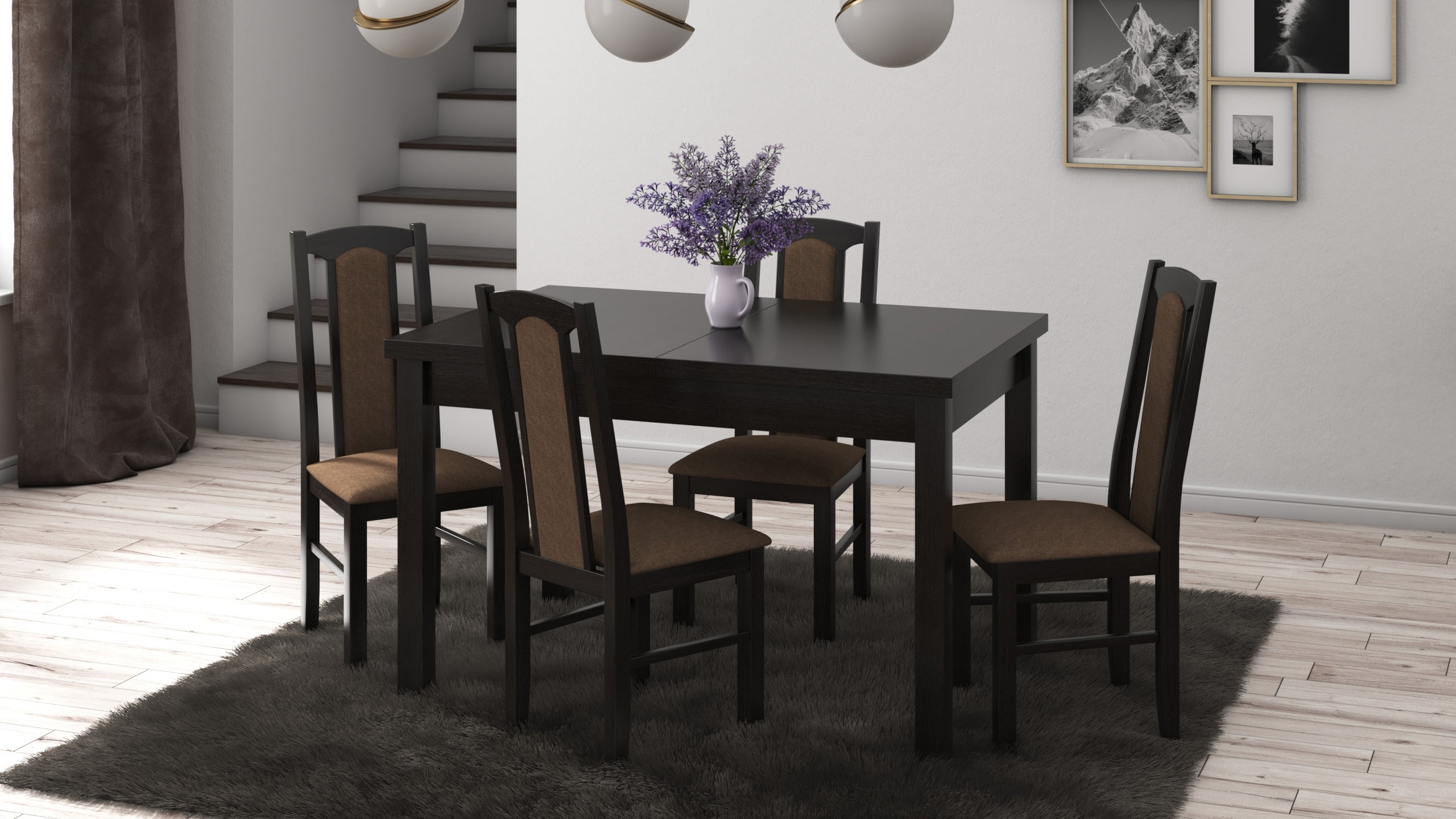 Set masa extensibila 120x150cm cu 4 scaune tapitate, mb-13 max5 si s-37 boss7 w15, wenge, lemn masiv, stofa
