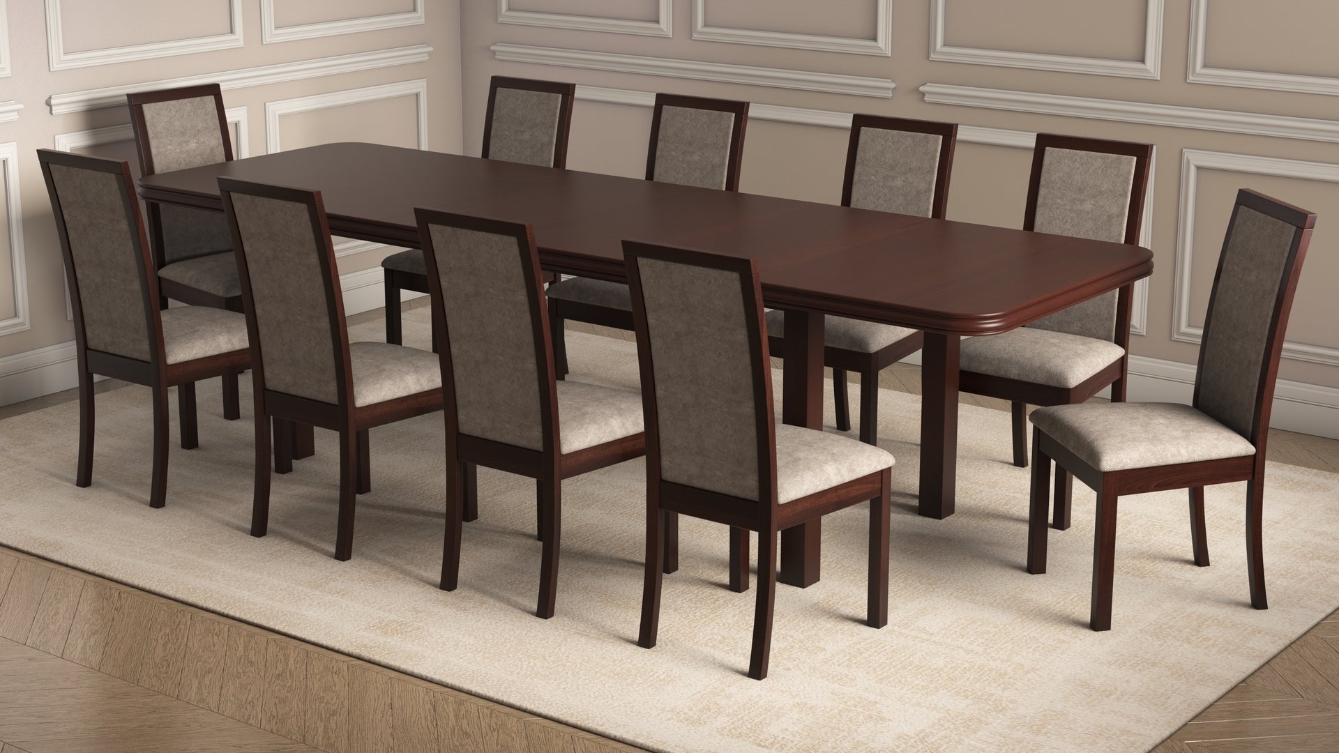 Set masa extensibila 160/240x90 cm MB-13 Venus8 cu 10 scaune tapitate Roma4 O 25b, nuc, lemn masiv de fag, MDF, stofa